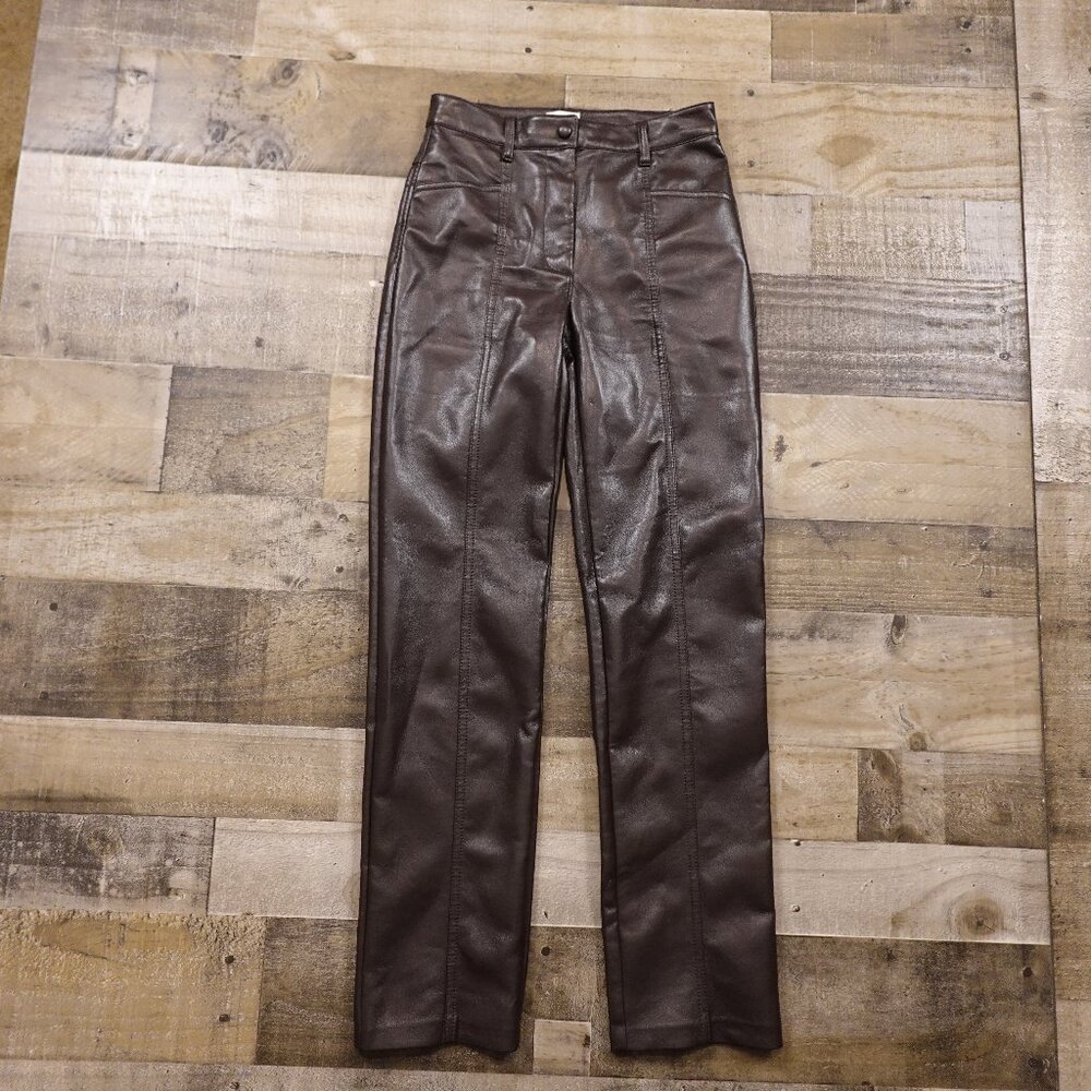 Wilfred Faux Leather Pants Women’s 0 Brown Straight Leg High Rise 29.5” Inseam